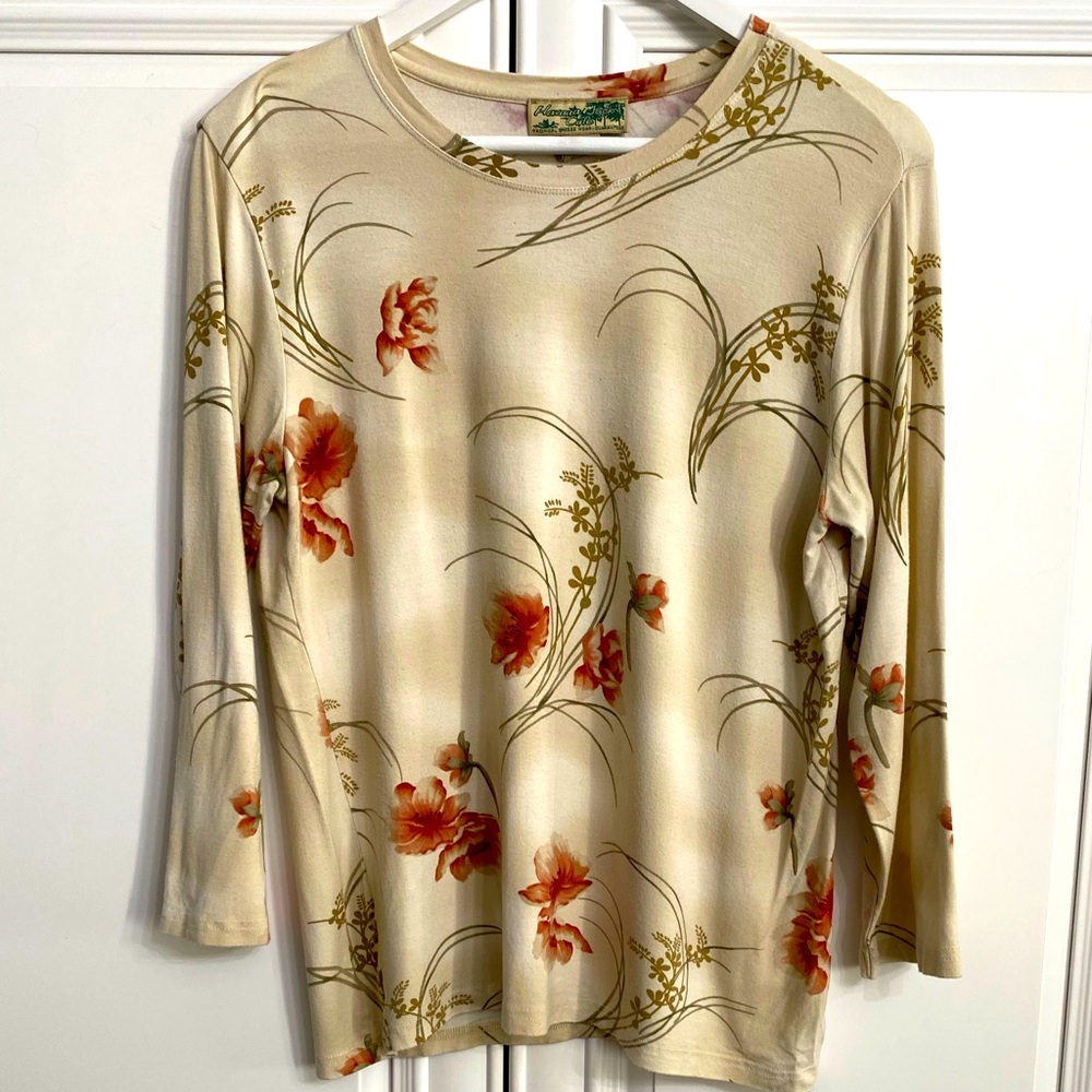 Havana Jacks Cafe Women’s Size Large Cream/Tan T-Shirt with Pink Flowers Top